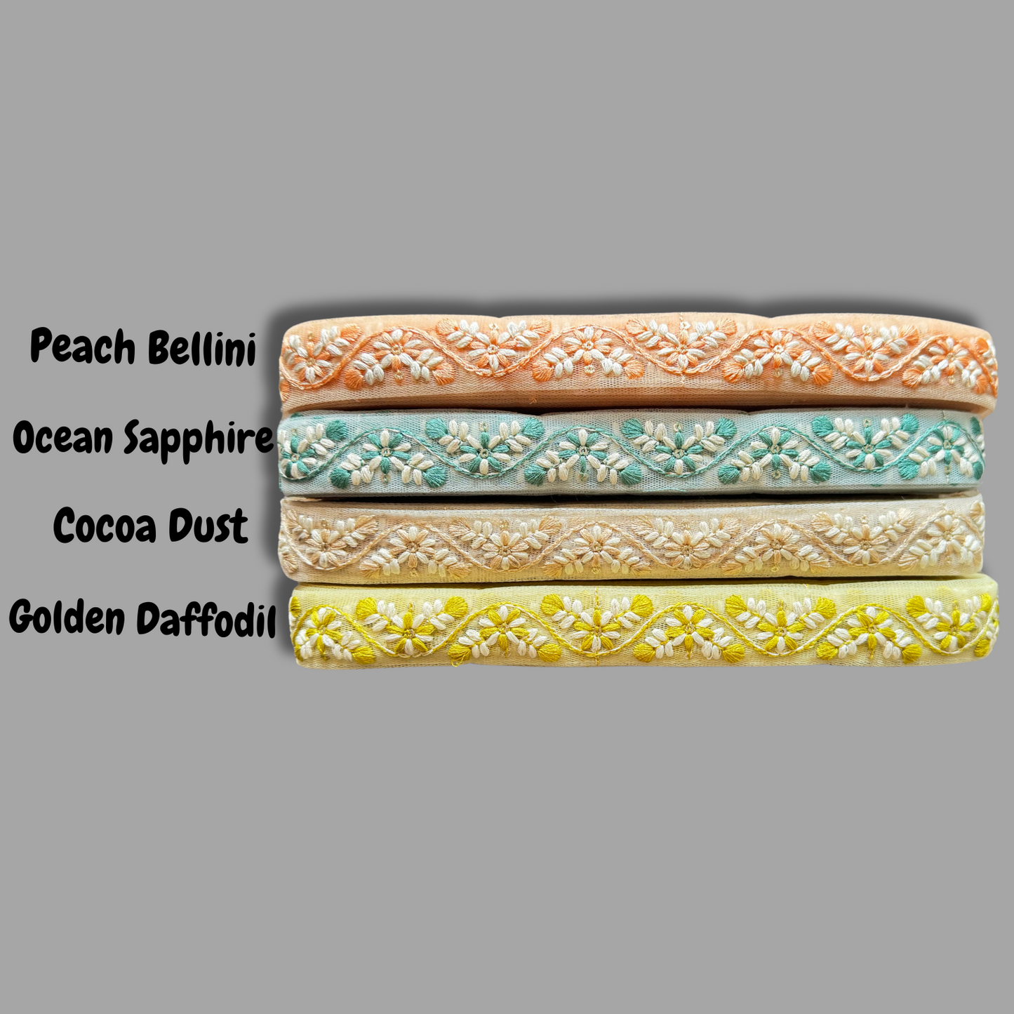 Avixa embroidery trim in 4 vibrant colours