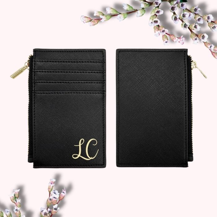 Black Card Wallet Personalized on an asthetic background with leaf branches
