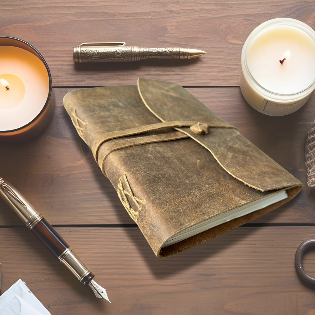 Personalised Leather Journal on an asthetic office table with pen, candle etc.