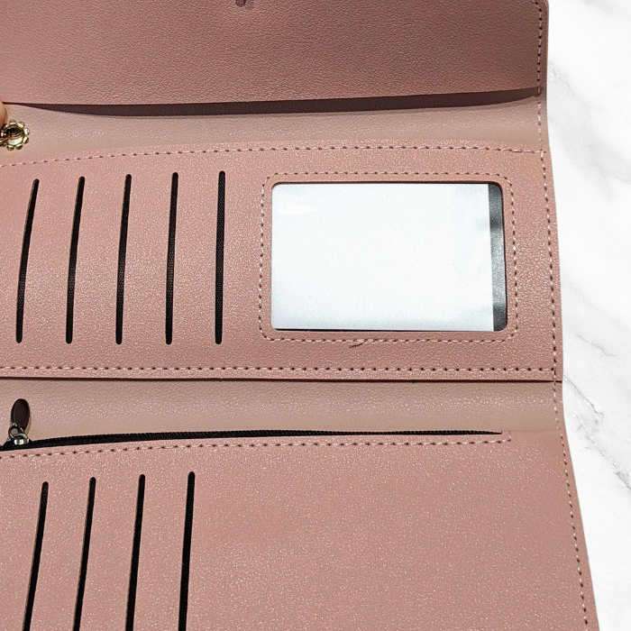 Close up of pink Customized wallet women with heart and tassel