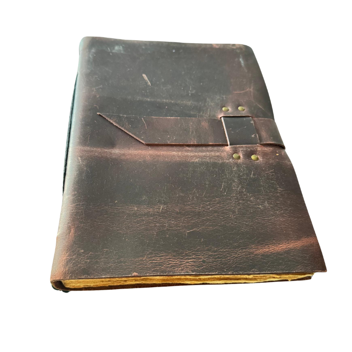 Large leather sketchbook on a white background