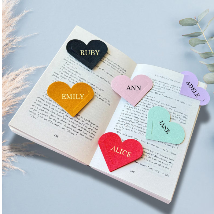 Personalised Love heart bookmark in vibrant 6 colours Pink, Lilac, Red, Brown, Mint green and Black