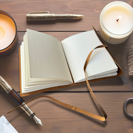 Open personalised journal showing blank lined pages on an asthetic wooden table with asthetic stationery.