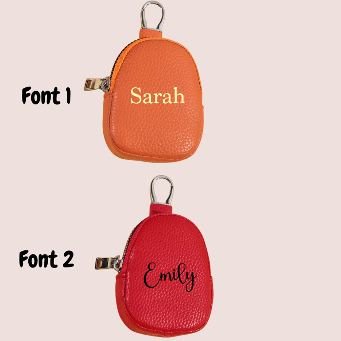 Personalised coin pouch available for personalisation in font 1 and font 2