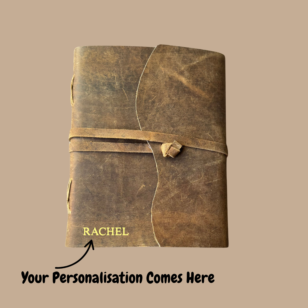Image focusing on the section of the leather journal cover where the personalised name or initials are embossed