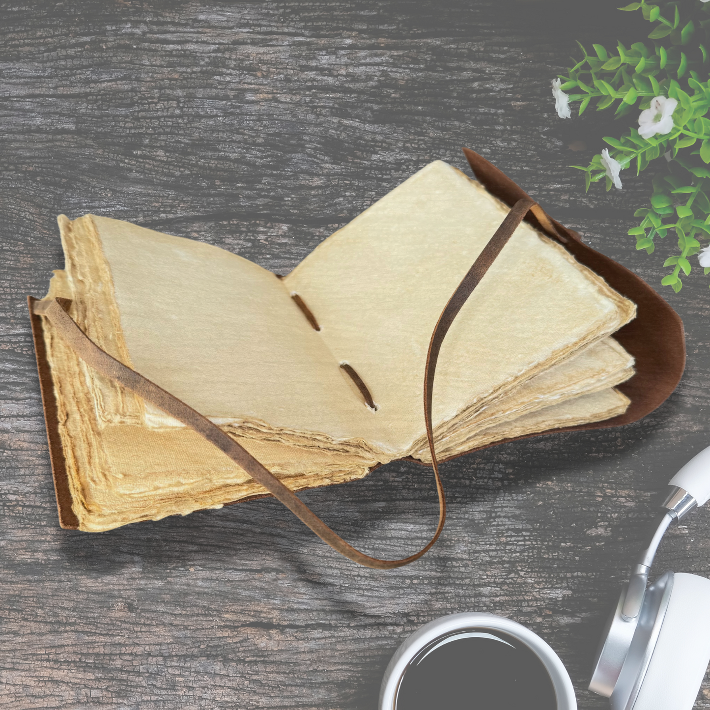Open Personalised notebook leather showing the vintage pages