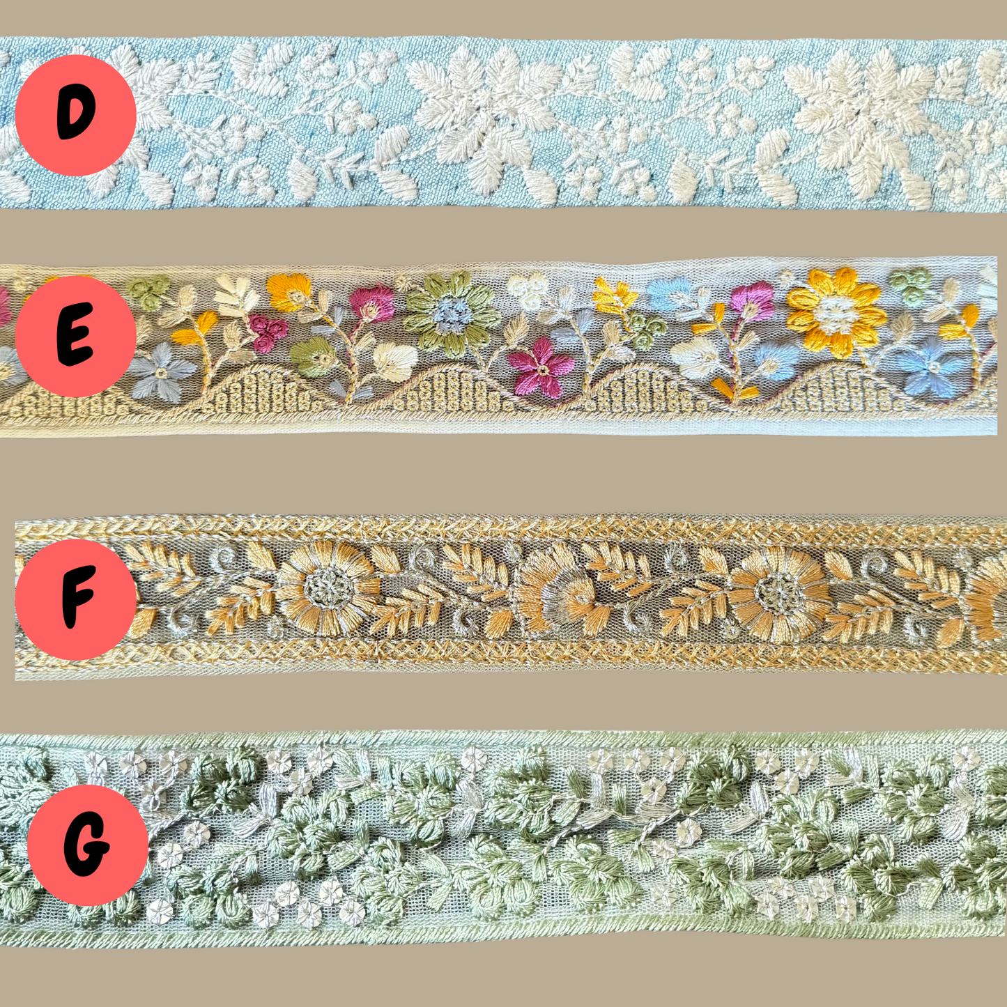 lace and trim in 4 different designs and colours