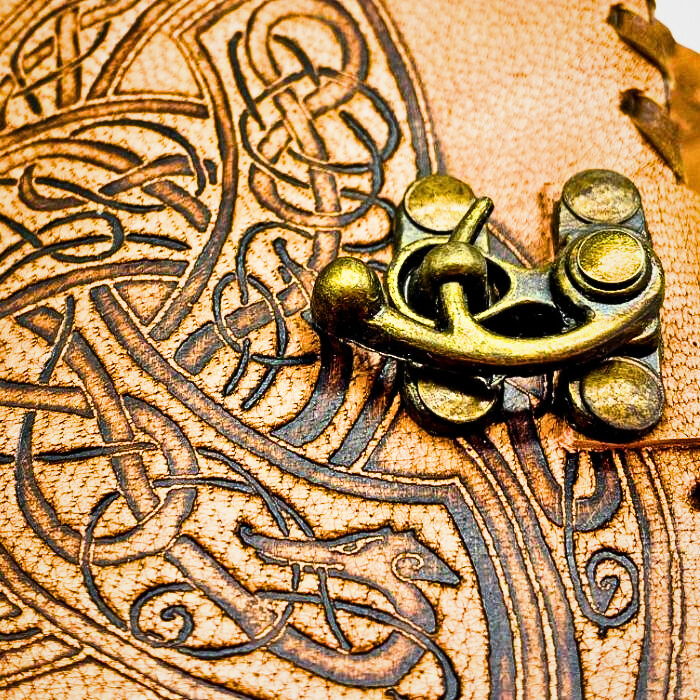 Close up of brass lock of Eske Celtic leather journal travel