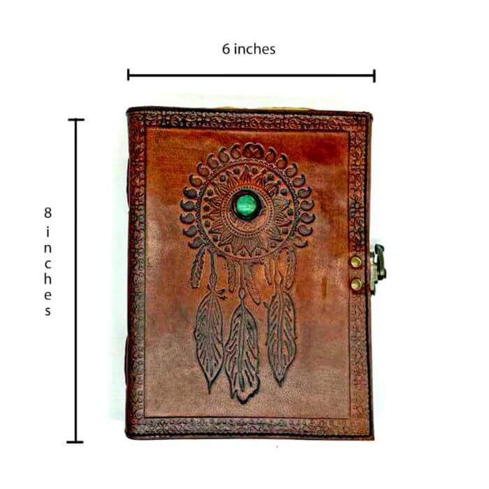 Measurement for Brown leather journal with Embossed dream catcher design