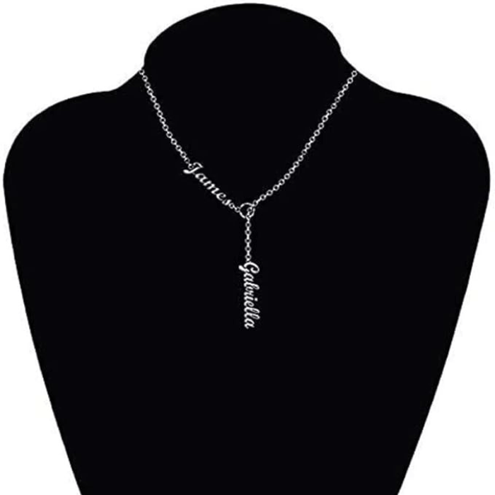 A mannequin wearing custom necklace Australia in silver with 2 names James and Gabrielle.