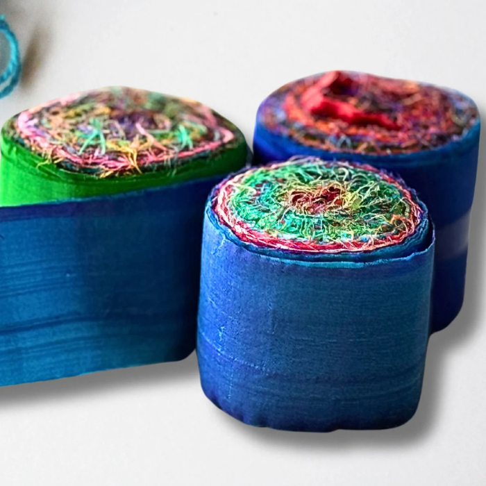 Sari Silk Ribbon Yarn Roll – Recycled Art Yarn in Multi Mix Jewel Tones (2" Width)