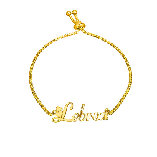 Farrah name bracelet gold with the name Lebran on a white background