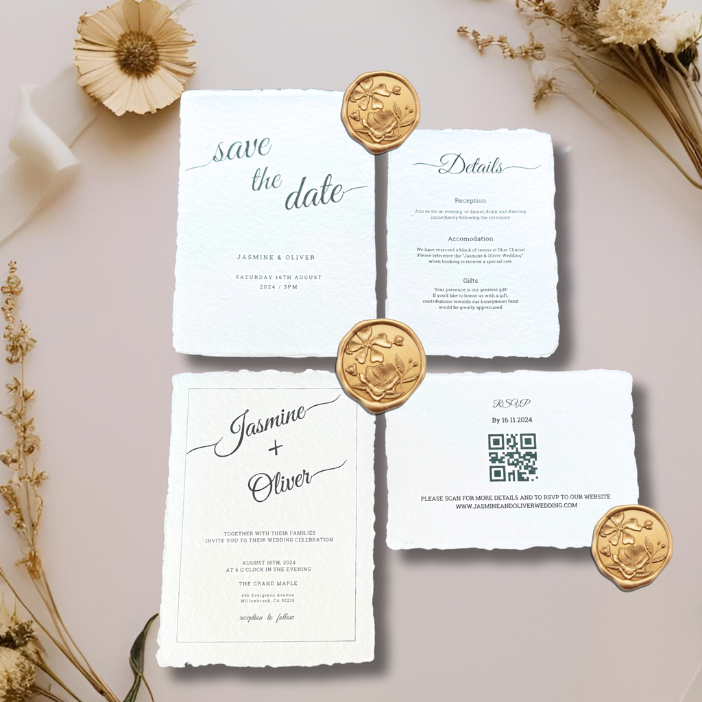 Wedding stationery using 250 gsm handmade paper on an asthetic background