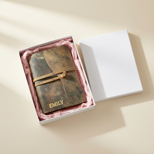 Dark brown leather sketchbook in gift box with wrap strap and name patch, EMILY