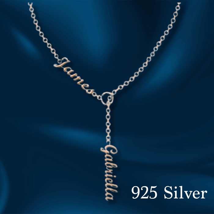 Presenting Alessia personalised necklace name silver made from 925 sterling silver with 2 names James and Gabrielle in rose gold finish.