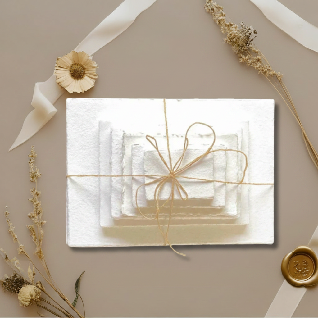 Stacked white 300 GSM handmade cotton rag paper sheets in multiple sizes tied with natural jute twine bow, styled with dried flowers, white satin ribbon and gold wax seal on warm taupe background — available in A4, A5 and card sizes, ships from Melbourne