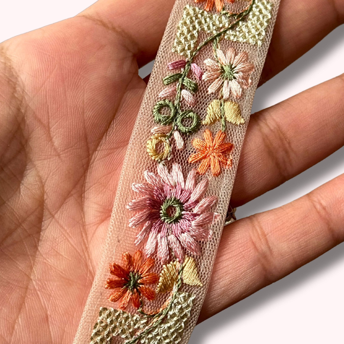 Net Fabric Embroidered Trim – Floral Design Lace for Sewing, Crafts & DIY Projects