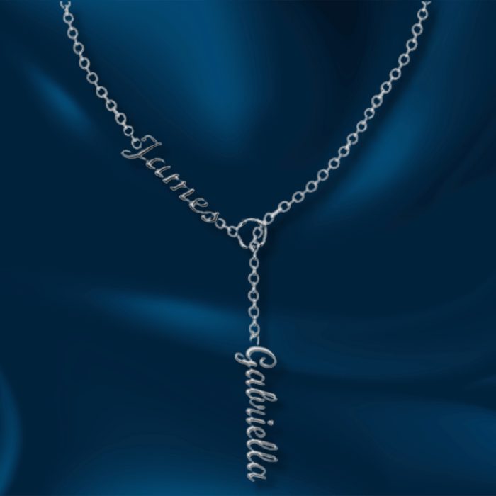 Presenting the Alessia personalised necklace name silver in metal with 2 names James and Gabrielle.