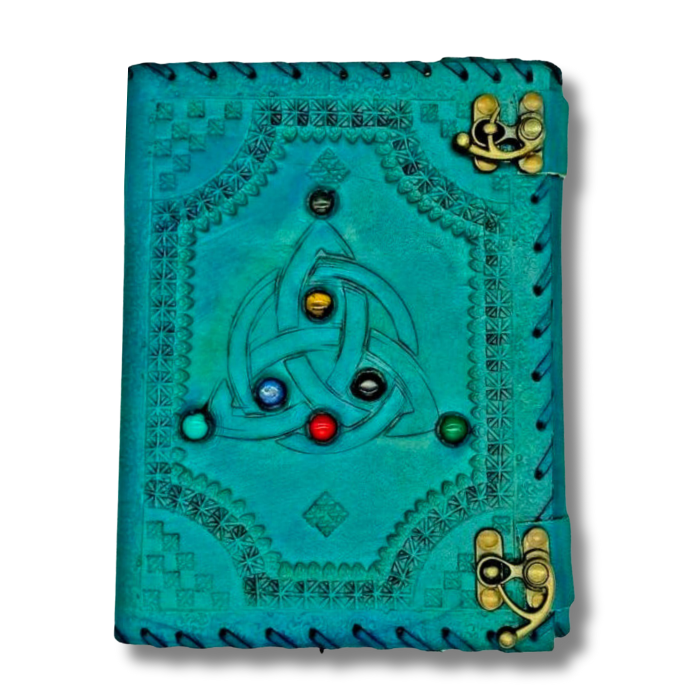 Leo Vintage Leather Celtic Knot Journal with seven stones and 2 brass locks on a white background