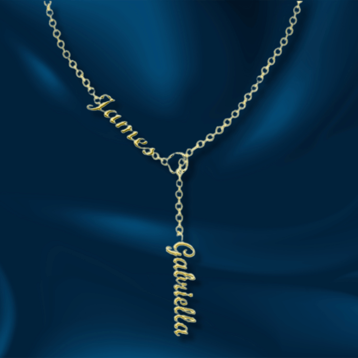 Presenting the Alessia name necklace in gold finish in metal with 2 names James and Gabriella.