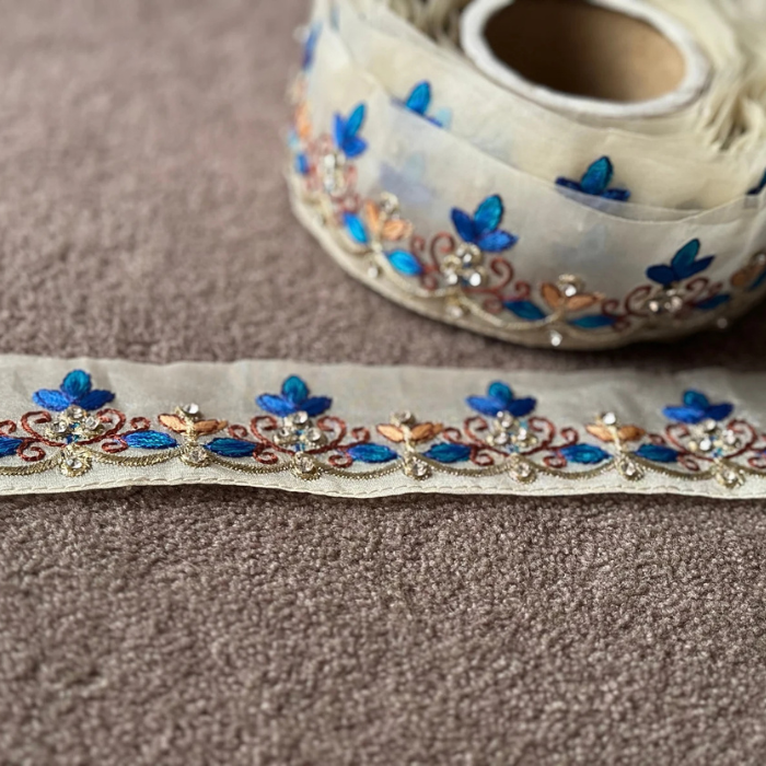 Floral Lace Trim – Embroidered Organza Trim with Diamonds | Single Side Stitched Craft Lace for Sewing, Hats, DIY & Accessories