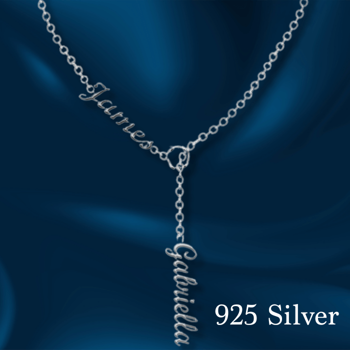 Presenting the Alessia personalised necklace name silver in 925 sterling silver with 2 names James and Gabriella