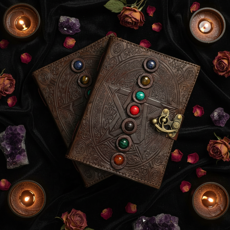 Decorative leather book with gemstone accents on a dark background with candles and flowers