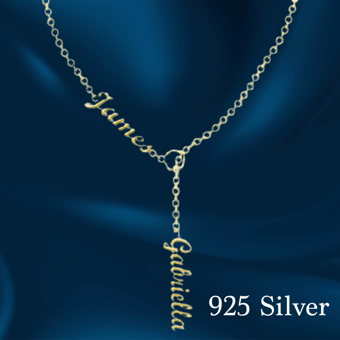 Alessia Personalised Name Your Necklace in 925 silver material in gold finish with 2 names James and Gabriella.