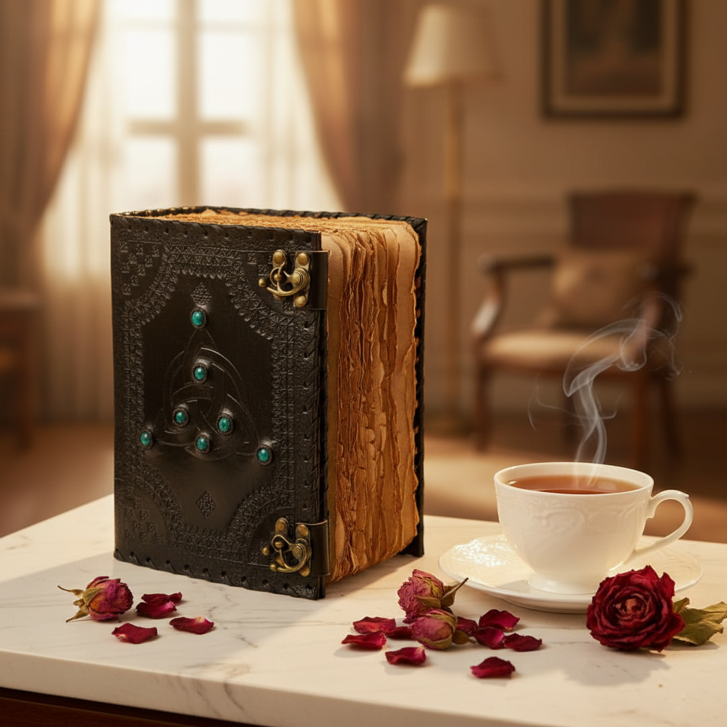Leather journal standing upright, dark cover with teal inlay and brass clasp hardware