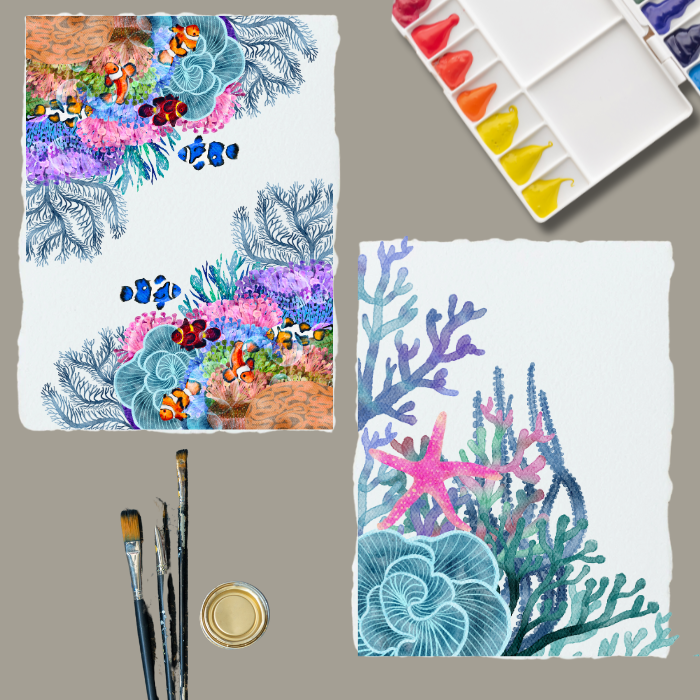 Two A4-sized sheets of 300 GSM handmade cotton watercolour paper featuring painted watercolour swatches, displayed alongside a colour palette and paintbrushes — ideal for artists testing pigment flow, blending, and brush technique.