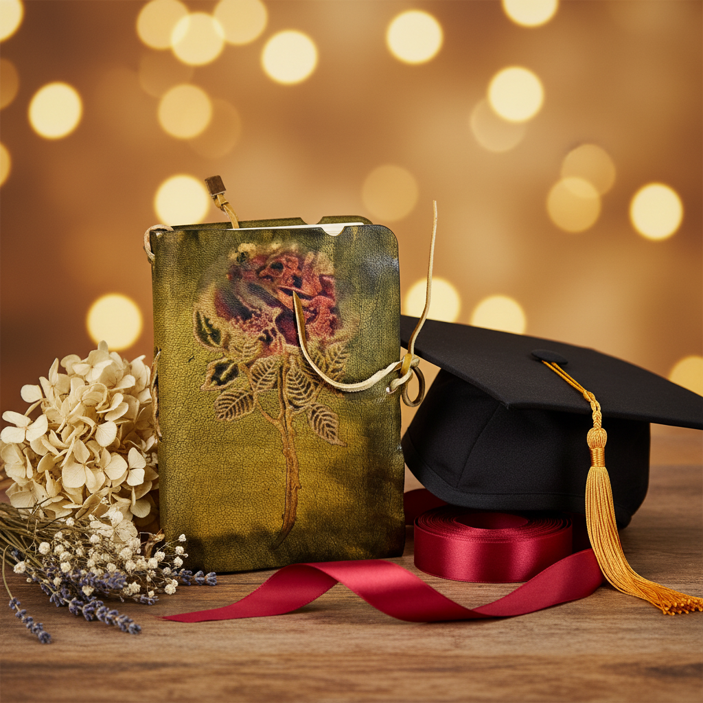 Valentine journal with illustrated green cover, clasp top, and tassel cord