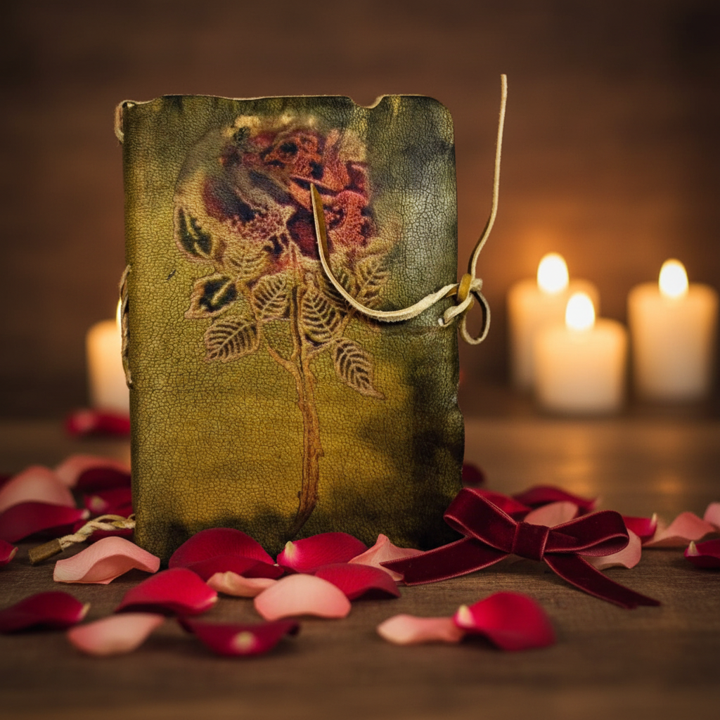Green Valentine journal with illustrated cover and vertical cord strap