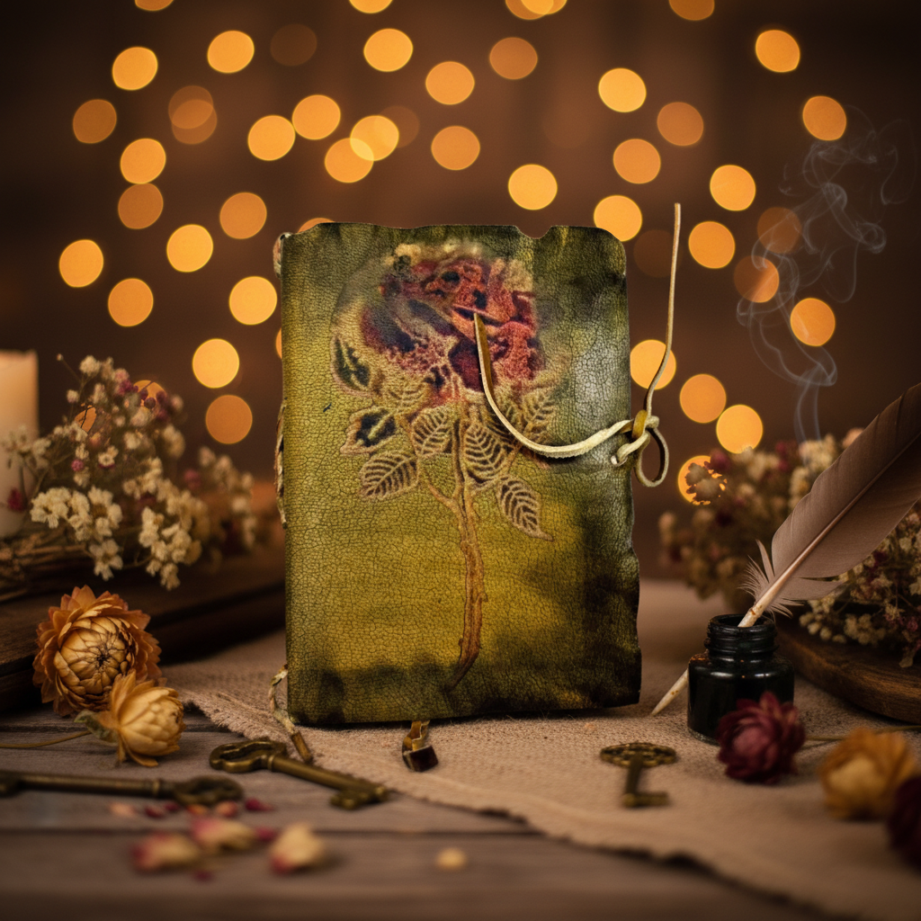 Green leather-look Valentine journal with illustrated cover and hanging cord tie