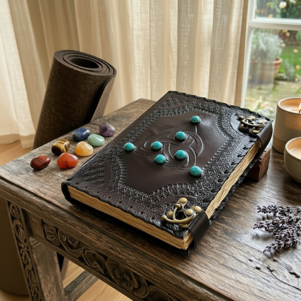 Leather journal with embossed geometric cover and teal stone details, brass corner clasps