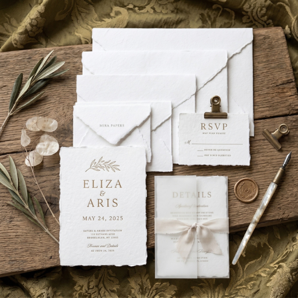 Artisan handmade deckle edge envelopes styled with wedding stationery flat lay, showcasing rustic boho aesthetic for DIY brides and calligraphers in Australia.