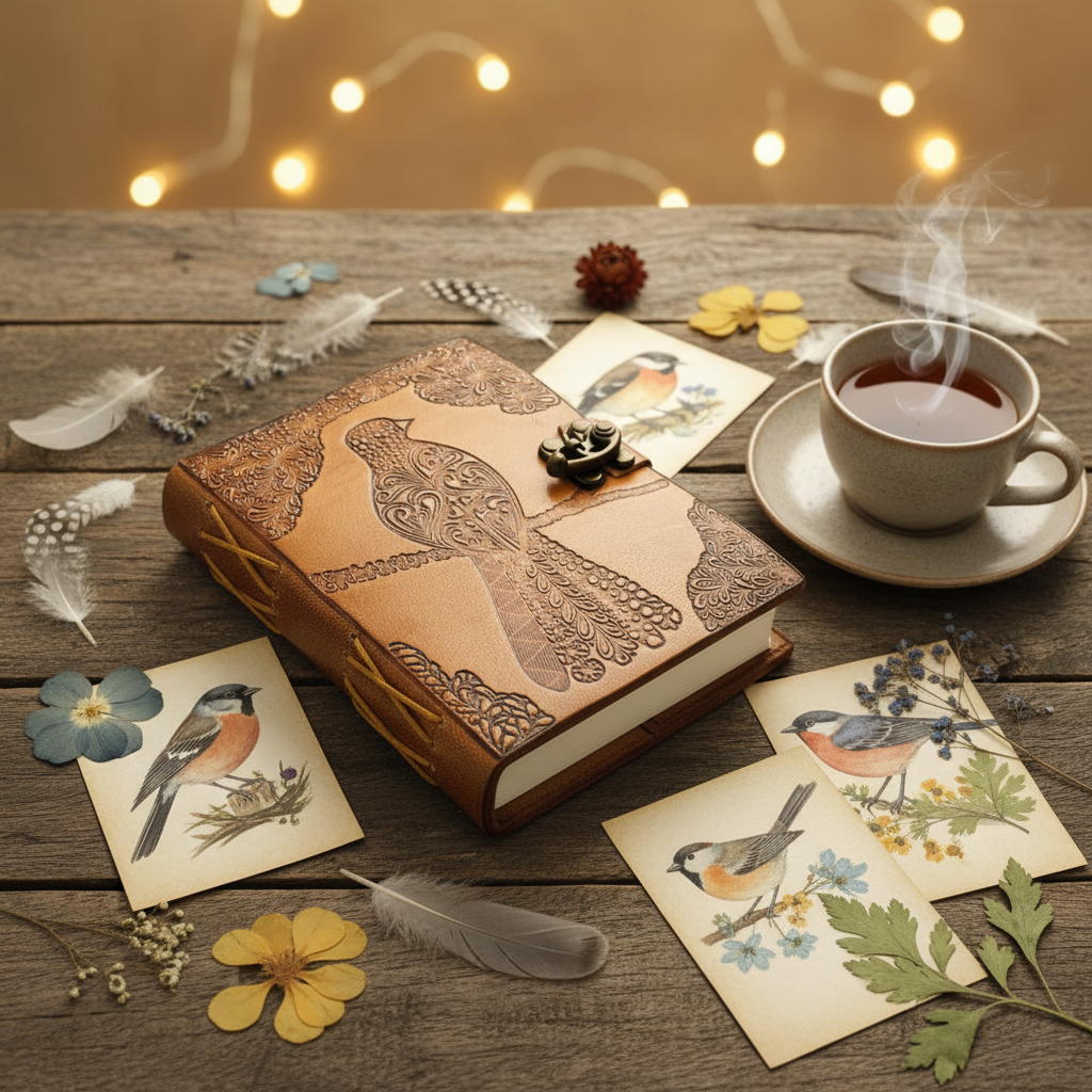 Brown leather bound journal with embossed bird cover and metal clasp, closed