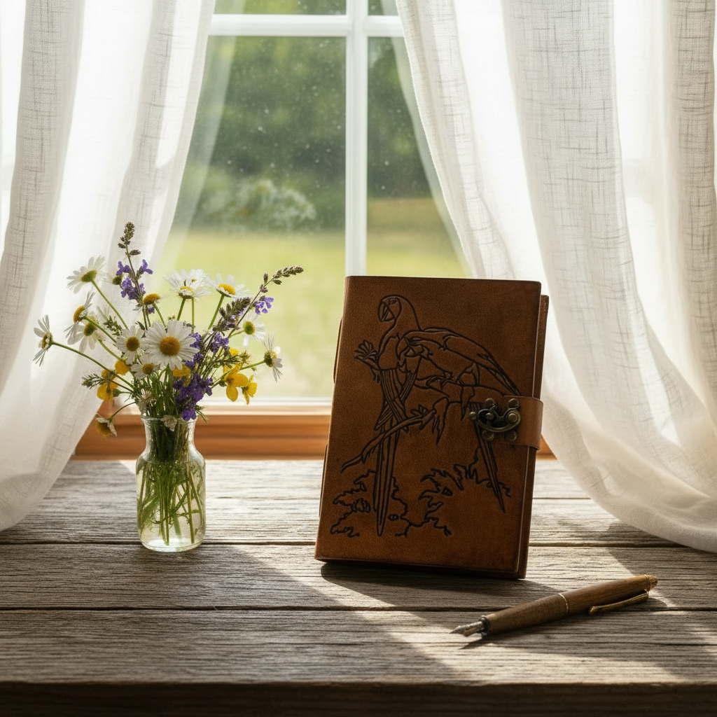 Brown leather journal standing upright with engraved bird scene and metal clasp