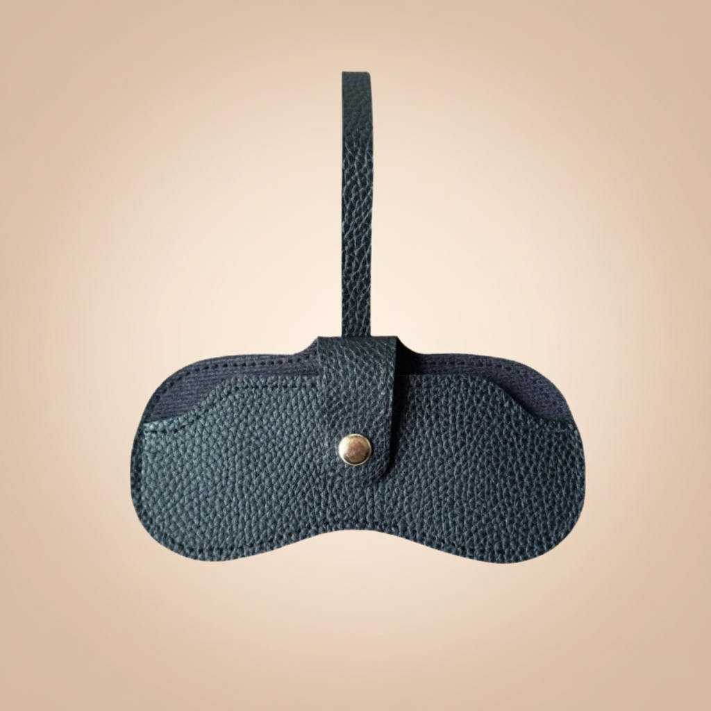 Black Zelle personalised leather glasses case with loop strap and metal snap on warm beige background, handmade eyeglass case gift for her Australia