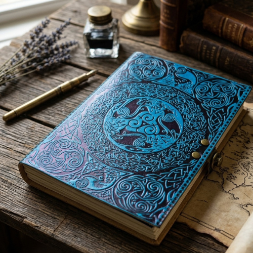Blue leather diary with embossed filigree cover and gold-toned button closure