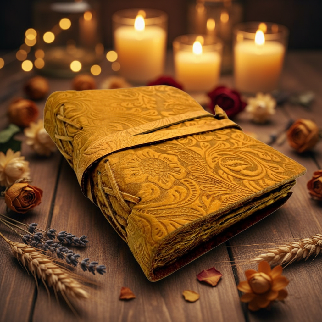 Embossed brown leather sketchbook with wrap tie, folded closed
