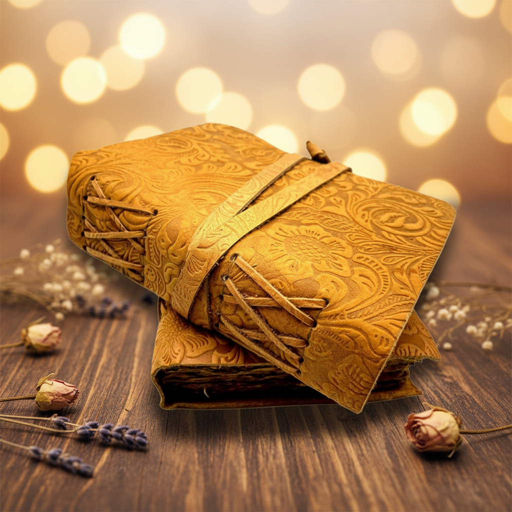 Embossed brown leather sketchbook with wrap tie, stacked and closed