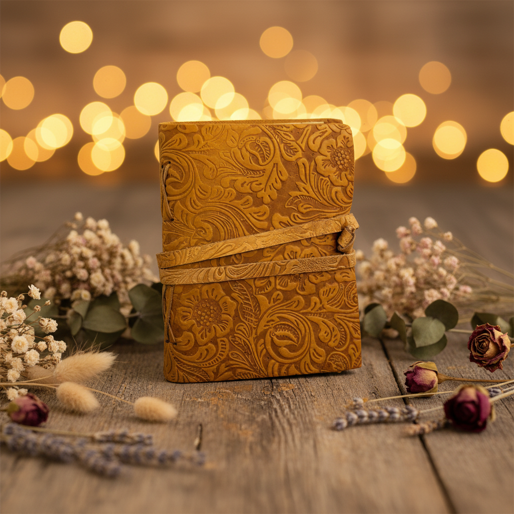 Embossed brown leather sketchbook with wrap tie, standing upright