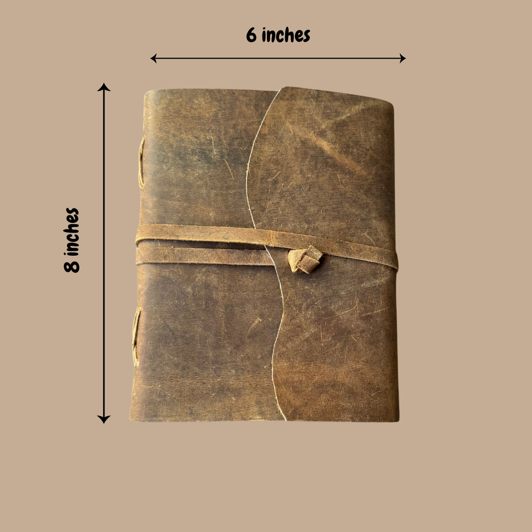 Image illustrating the height and width measurements of the Cassia personalised leather journal with clear labels 8x6 inches
