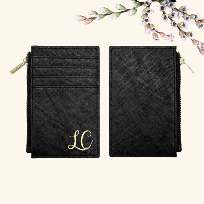 Black Card Wallet Personalized on an asthetic background with leaf branches