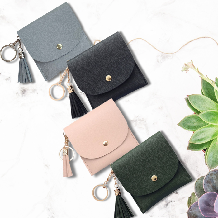 4 Card wallet holder with tassel in black, green grey and pink