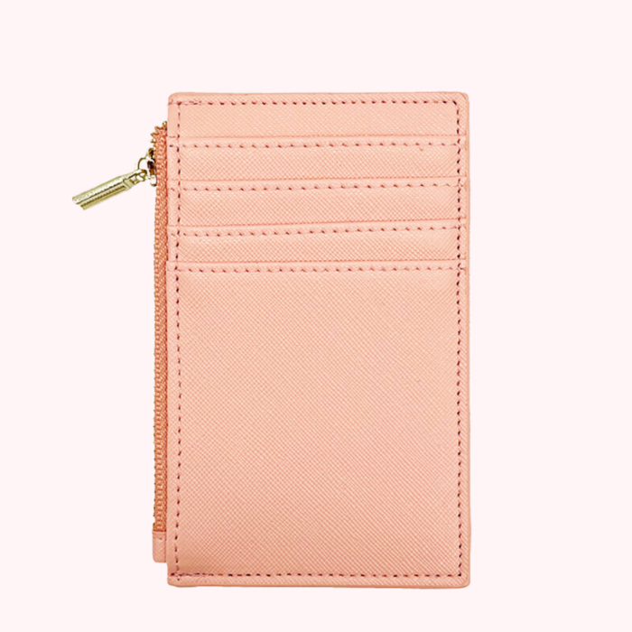 Nude pink card wallet with zip and front card slots, gold-tone pull tab