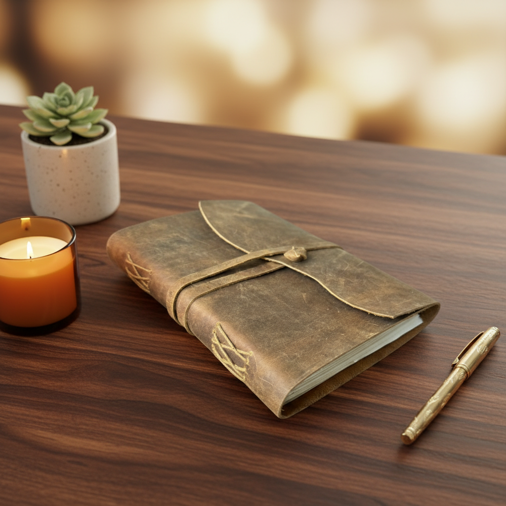 Brown leather journal on a wooden table with a candle and pen, blurred lights in the background
