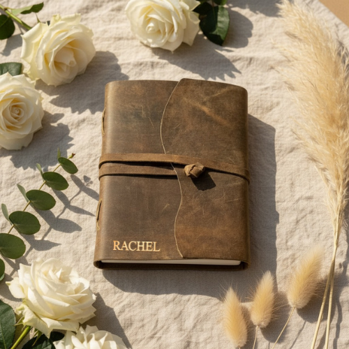 Cassia handmade leather journal personalised with the name RACHEL in gold embossing, surrounded by white roses, eucalyptus and dried pampas grass on cream linen 