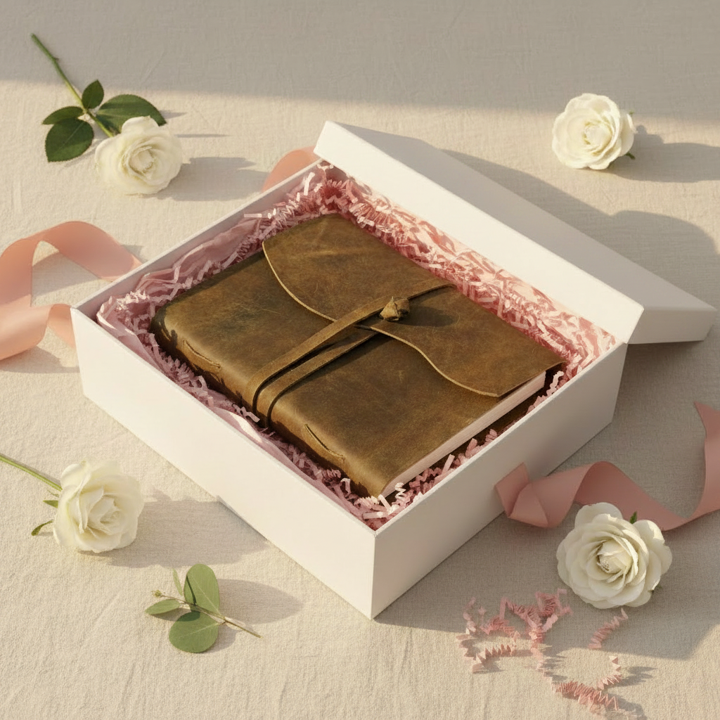 Brown leather notebook in a white box with pink tissue paper, surrounded by white flowers on a light surface.