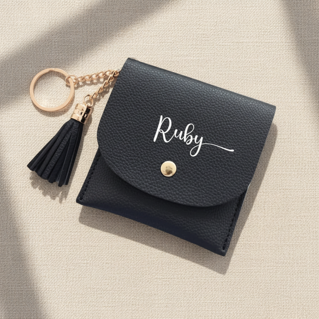 Cato Personalised Card Holder Wallet in black colour – slim personalised leather card wallet Australia, perfect gift for her